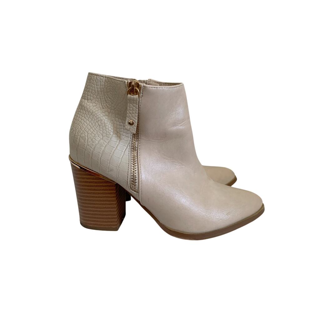Western Boho Women Cream Croc Embossed Block Heel Ankle Boots Pointed Toe 8-8.5‎